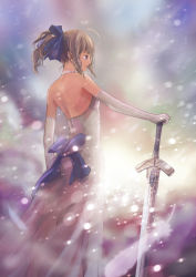 1girl artoria_pendragon_(fate) backless_dress backless_outfit blonde_hair dress elbow_gloves excalibur_(fate/stay_night) fate/stay_night fate_(series) female_focus gloves highres low-cut official_alternate_costume planted planted_sword planted_weapon ponytail saber_(fate) solo sword tsuboi_ryouhei weapon