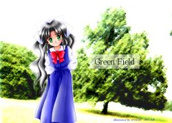 1990s_(style) 1girl artist_name bad_id black_hair blue_dress bow bowtie closed_mouth commentary_request dated dated_commentary day dress english_text expressionless feet_out_of_frame green_eyes hair_bow long_hair long_sleeves looking_at_viewer original outdoors photo_background pinafore_dress red_bow red_bowtie retro_artstyle shirt sky sleeveless sleeveless_dress solo sphere_(lr-project) standing tree white_bow white_shirt white_sky