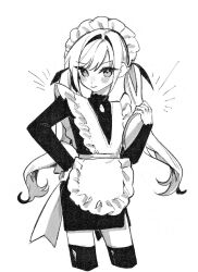 1girl alternate_costume apron back_bow black_dress black_thighhighs blush bow chi_kan100 collar_cutout cropped_legs dress enmaided frilled_apron frilled_suspenders frills frown furrowed_brow hair_between_eyes hair_intakes hair_ribbon hand_on_own_hip holding holding_tray inda_karane kimi_no_koto_ga_dai_dai_dai_dai_daisuki_na_100-nin_no_kanojo long_hair long_sleeves looking_at_viewer maid maid_apron maid_headdress notice_lines official_alternate_costume ribbon short_dress side_slit simple_background solo thighhighs tray twintails v-shaped_eyebrows very_long_hair waist_apron white_apron white_background zettai_ryouiki