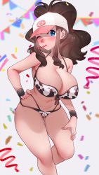 1girl alternate_breast_size animal_print bikini blue_eyes blurry blurry_background blush breasts cow_print creatures_(company) game_freak hair_between_eyes hilda_(pokemon) looking_at_viewer navel nintendo one_eye_closed pokemon pokemon_bw shiny_skin solo standing string_bikini sumisumii swimsuit thighs wink