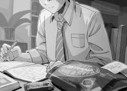 Rule 34 | 1boy, absurdres, air conditioner, breast pocket, eyes out of frame, head out of frame, highres, indoors, magotsuki (hurray), male focus, mechanical pencil, necktie, pencil, plant, pocket, potted plant, shirt, smile, snack, solo, studying, suufunkan no yell wo, tonosaki daisuke, white shirt