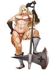 abs amazon_(dragon&#039;s_crown) armlet armor axe bikini bobobo boots breasts circlet dragon&#039;s_crown feathers gloves green_eyes jewelry large_breasts muscular panties smile solo swimsuit tattoo thick_thighs thighs thong thong_bikini underwear vanillaware weapon