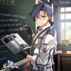 1boy black_gloves blue_hair book chalk chalkboard coat commentary_request eiyuu_densetsu falcom glasses gloves hair_between_eyes hajimari_no_kiseki holding holding_book holding_chalk indoors logo male_focus official_art purple_eyes rean_schwarzer second-party_source sen_no_kiseki sen_no_kiseki_(series) sen_no_kiseki_i sen_no_kiseki_iii short_hair smile solo standing sunlight teacher white_coat window
