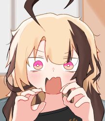 Rule 34 | 1girl, ahoge, cloudlime, commentary, english commentary, gigi murin, hands up, highres, hololive, hololive english, looking at viewer, messy hair, multicolored hair, off-shoulder shirt, off shoulder, pink eyes, shirt, solo, surprised, upper body, virtual youtuber