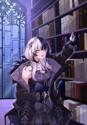 Rule 34 | 1girl, absurdres, bijouvirus, black choker, black coat, black dress, black hair, book, bookshelf, breasts, choker, cleavage, coat, commentary, dress, english commentary, fur-trimmed coat, fur trim, grey hair, highres, holding, holding book, hololive, hololive english, indoors, large breasts, long hair, looking at viewer, multicolored hair, ribbon, shiori novella, shiori novella (1st costume), solo, split-color hair, two-tone hair, virtual youtuber, white ribbon, window, yellow eyes, yorick (shiori novella)