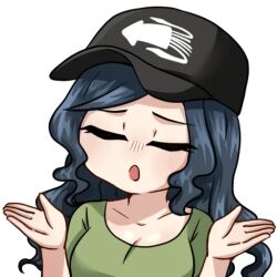 1girl :o blue_hair breasts closed_eyes facing_viewer green_shirt hands_up hat korzynka_persykiv kraken_(japanon) kraken_regiment long_hair medium_breasts military non-web_source open_mouth original russo-ukrainian_war shirt short_sleeves solo squid_print t-shirt transparent_background