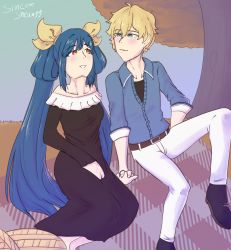 1boy 1girl blonde_hair blue_eyes blue_hair couple dizzy_(guilty_gear) dress guilty_gear highres husband_and_wife ky_kiske married nature outdoors picnic red_eyes ribbon sitting smile