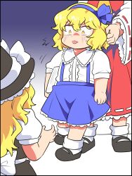 &gt;:p 3girls :p ^^^ alice_margatroid alice_margatroid_(pc-98) angry ascot black_dress black_hat black_shoes blonde_hair blue_bow blue_headband blue_skirt bobby_socks book bow collar constricted_pupils curled_fingers dot_nose dress frilled_collar frilled_skirt frills from_behind frown gradient_background hair_bow hakurei_reimu hat head_out_of_frame headband highres holding holding_book kirisame_marisa long_hair mary_janes motion_lines multiple_girls puffy_short_sleeves puffy_sleeves red_skirt sanpaku sekaihebi shade shirt shoes short_hair short_sleeves skirt socks suspender_skirt suspenders sweatdrop tongue tongue_out touhou white_bow white_shirt white_socks wide_sleeves witch_hat yellow_ascot yellow_eyes