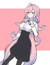 1girl ahoge arknights black_ribbon black_skirt bright_pupils collared_shirt earrings grey_eyes highres hmrsh jewelry long_hair long_skirt long_sleeves looking_at_viewer lucilla_(arknights) neck_ribbon pink_hair ribbon shirt simple_background skirt solo very_long_hair white_pupils white_shirt