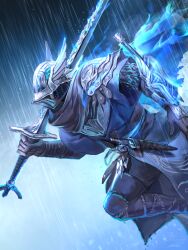 1boy armor blue_aura commentary dagger elden_ring elden_ring_nightreign full_armor helmet highres holding holding_sword holding_weapon karasuba_yomi knife male_focus outdoors rain running solo sword weapon winged_helmet wylder_(elden_ring)