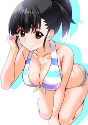 1girl aged_up arm_up bare_arms bare_shoulders barefoot between_legs bikini black_hair blush breasts collarbone commission engo_(aquawatery) front-tie_bikini_top front-tie_top full_body hair_between_eyes hand_between_legs hand_in_own_hair hands_in_hair highres idolmaster idolmaster_million_live! jewelry large_breasts looking_at_viewer multicolored_bikini nakatani_iku necklace official_alternate_hairstyle pixiv_commission red_eyes shadow short_hair simple_background sitting smile solo swimsuit thighs white_background