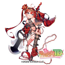 Rule 34 | 1girl, :p, antenna hair, asymmetrical legwear, bare shoulders, bear trap, blue eyes, breasts, chain, clothing cutout, commentary request, fishnet thighhighs, fishnets, gloves, hair bun, heart pasties, henreader, holding, holding sword, holding weapon, huge weapon, jacket, leg belt, long hair, looking at viewer, mismatched legwear, monster musume td, navel, navel cutout, official art, open clothes, open jacket, pasties, red hair, side ponytail, small breasts, smile, solo, sword, thighhighs, tongue, tongue out, weapon, whip