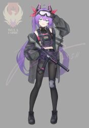 1girl absurdres ahoge aqua_eyes belt belt_buckle bike_shorts black_belt black_boots black_gloves black_pantyhose black_shorts boots bow breast_suppress brown_coat buckle bulletproof_vest cable chinese_commentary clothes_writing coat commentary_request crop_top dated emblem english_text fang gloves goggles goggles_on_head grey_background gun gun_sling h&amp;k_ump hair_bow hand_up headgear headset highres holding holding_gun holding_weapon jerry_wang knee_pads knife knife_sheath load_bearing_vest long_hair magazine_(weapon) military_operator multiple_hair_bows navel off_shoulder open_clothes open_mouth original pantyhose purple_hair red_bow sheath short_shorts shorts signature simple_background single_knee_pad skin_fang solo standing submachine_gun syringe tablet_pc tactical_clothes trigger_discipline twintails unworn_eyewear walkie-talkie watermark weapon zipper zipper_pull_tab