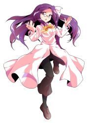 1girl asakura_rikako black_socks bow bow_hairband bowtie breasts brown_pants brown_shoes coat commentary_request curtained_hair dairi floating_clothes floating_hair full_body glasses hairband hands_up highres large_variant_set leg_up loafers long_coat long_hair long_sleeves looking_at_viewer medium_breasts outstretched_arms pants parted_lips phantasmagoria_of_dim.dream pince-nez pink_bow pink_coat pink_hairband pink_shirt purple_eyes purple_hair raised_inner_eyebrows shirt shoes simple_background socks solo sweatdrop tachi-e touhou touhou_(pc-98) transparent_background variant_set very_long_hair yellow_bow yellow_bowtie