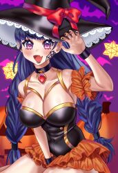 absurdres blue_hair breasts cleavage commission dress fang halloween hat highres long_hair nanaderei original purple_eyes silvya_maris vgen_commission witch_hat