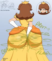 1girl 2020s 2025 2boys ass ass_focus ass_in_dress blue_eyes brothers brown_hair brown_hair_female brunette_hair_female butt_digging clenched_teeth crown curvy digging_up_in_they_ass dirty_ass disembodied_head dress dress_inside_ass earrings elbow_gloves facial_hair fart flower_earrings form_fitting gassy gassy_female gloves hand_on_own_hip heart highres huge_ass jewelry looking_at_another luigi mario mario_(series) multiple_boys mustache narrow_waist nintendo orange_dress pink_lips princess princess_daisy princess_dress raised_eyebrow repulsiveproto scratching shameless siblings simple_background smile sound_effects teeth tomboy video_game_franchise watermark white_gloves