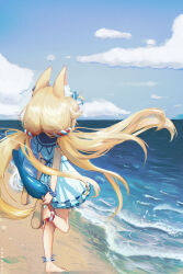 Rule 34 | 1girl, absurdres, adjusting clothes, adjusting shoe, animal ears, beach, blonde hair, blue sky, cat ears, cloud, dress, fins, fish girl, fish tail, floating hair, highres, indie virtual youtuber, lifebuoy hair ornament, long hair, low twintails, sameko saba, sand, sky, sleeveless, sleeveless dress, tail, twintails, very long hair, virtual youtuber, water, white dress, xobevol