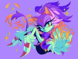 1girl :3 animal_ears blaze_the_cat cat_ears cat_girl cattail coat commentary english_commentary eyelashes fire forehead_jewel fur-trimmed_coat fur-trimmed_gloves fur-trimmed_shoes fur_trim furry furry_female gem gloves high_heels highres looking_at_viewer nolvini pants pink_shoes plant ponytail purple_background purple_coat purple_fur pyrokinesis red_gemstone shoes sonic_(series) tail white_gloves white_pants yellow_eyes