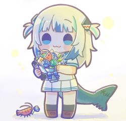 1girl :3 blue_eyes blue_hair blunt_bangs blush_stickers bouquet chibi chibi_only commentary costume_request ebi-chan_(gawr_gura) fins fish_tail flower full_body gawr_gura highres holding holding_bouquet hololive hololive_english long_hair looking_at_viewer multicolored_hair pleated_skirt same_anko shark_tail short_sleeves shrimp simple_background skirt smile solo standing streaked_hair symbol-only_commentary tail two-tone_hair two_side_up virtual_youtuber white_background white_hair