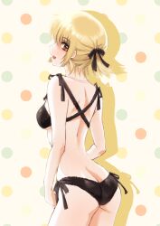 Rule 34 | 1girl, ass, bare arms, black bra, black panties, black ribbon, blonde hair, bra, breasts, brown eyes, butt crack, cagalli yula athha, cowboy shot, from behind, gundam, gundam seed, hair ribbon, highres, koban (zouwqprlfvilaod), lingerie, looking at viewer, looking to the side, medium breasts, medium hair, one side up, panties, ribbon, shoulder blades, side-tie panties, solo, standing, underwear