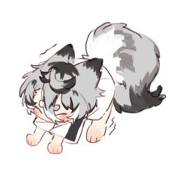Rule 34 | 1boy, all fours, animal ears, cat boy, cat ears, cat stretch, cat tail, chibi, closed eyes, commentary request, full body, grey hair, highres, male focus, original, paki2000, shirt, short hair, simple background, solo, stretching, tail, white background, white shirt