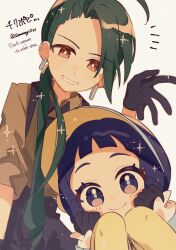 2girls ahoge black_gloves black_hair black_pants bright_pupils brown_eyes closed_mouth collared_shirt commentary earrings gloves green_hair grin hand_up hands_up highres jewelry long_hair looking_at_viewer multiple_girls nintendo notice_lines pants pantyhose pokemon pokemon_sv poppy_(pokemon) rika_(pokemon) shirt smile sparkle stud_earrings sumeragi1101 teeth translation_request white_background white_pupils yellow_pantyhose