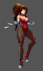 breakers breakers_revenge brown_eyes brown_hair highres leotard long_hair pantyhose shoes sneakers thick_thighs thighs tia_langray