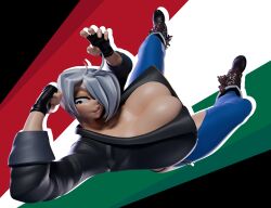 1girl angel_(kof) blue_eyes boots bouncing_breasts breasts carro3dsculpts cleavage curvy dropping female_focus gloves gymnastics hands_up huge_breasts jacket large_breasts leather leather_jacket legs_up pale_skin panties shiny_clothes shiny_skin short_hair silver_hair_female the_king_of_fighters thick_thighs thighs underwear white_hair wide_hips wrestling