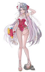 1girl absurdres ahoge aqua_eyes arm_up bare_legs bare_shoulders bow breasts bubble99 carlotta_(splashing_summer)_(wuthering_waves) carlotta_(wuthering_waves) casual_one-piece_swimsuit collarbone commentary_request cutout_above_navel feet flower full_body gluteal_fold grey_hair groin hair_bow hair_flower hair_ornament highleg highleg_one-piece_swimsuit highres holding holding_water_gun jewelry korean_commentary legs long_hair looking_at_viewer medium_breasts necklace off-shoulder_one-piece_swimsuit off_shoulder official_alternate_costume one-piece_swimsuit open-toe_shoes open_mouth parted_bangs pink_bow pink_one-piece_swimsuit sandals simple_background smile solo striped_bow swimsuit thigh_gap toes very_long_hair water_gun white_background white_flower wuthering_waves