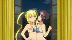 2girls anger_vein animated animated_gif black_bra black_hair blonde_hair blue_bra blush bra breast_press breasts closed_eyes flat_chest frilled_bra frills green_eyes highres himegami_kodama maken-ki! maken-ki!_two multiple_girls plaid_bra plaid_clothes satou_kimi small_breasts struggling symmetrical_docking takami_akio twintails underwear xebec