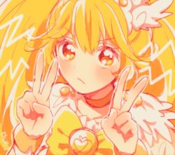 Rule 34 | 1girl, annoyed, blonde hair, bow, bowtie, brooch, choker, closed mouth, cure peace, dot nose, double v, eyelashes, feather-trimmed sleeves, frown, hair between eyes, hair ornament, jewelry, kise yayoi, light blush, long hair, magical girl, nachuchoco, outline, precure, shoes, short sleeves, signature, smile precure!, solo, tareme, tiara, upper body, v, v-shaped eyebrows, very long hair, white arm warmers, white outline, white sleeves, wing hair ornament, wrist cuffs, yellow bow, yellow bowtie, yellow choker, yellow eyes, yellow shoes, yellow theme, yellow wrist cuffs