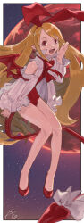 1girl absurdres ako_(hoshiya_830) blonde_hair demon_tail demon_wings disgaea flat_chest flonne flonne_(fallen_angel) flying full_body highres leotard long_hair looking_at_viewer moon night open_mouth red_eyes red_leotard red_moon sky smile solo star_(sky) starry_sky tail wings