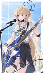 Rule 34 | 1girl, akanora, alternate costume, artist name, black collar, black jacket, black mask, blonde hair, blue archive, blue eyes, blue halo, blue nails, blush, braid, clothes around waist, collar, collarbone, cowboy shot, earpiece, electric guitar, guitar, hair intakes, half up braid, halo, highres, instrument, jacket, jacket around waist, jewelry, long hair, mask, mask pull, microphone, microphone stand, mouth mask, multiple rings, music, open mouth, playing instrument, pleated skirt, ring, round teeth, shirt, short sleeves, singing, skirt, solo, surgical mask, sweatband, teeth, thigh strap, toki (blue archive), twitter username, very long hair, white shirt, white skirt, wristband