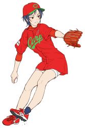 1girl asics baseball baseball_cap baseball_glove baseball_jersey black_hair blue_hair blue_socks cleats female_focus frown full_body hat hiroshima_touyou_carp idolmaster idolmaster_cinderella_girls jersey nigou nippon_professional_baseball pitching red_footwear red_shirt shirt short_hair short_sleeves shorts simple_background socks solo wakui_rumi white_background white_shorts