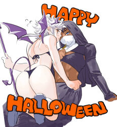 2boys abs absurdres ass back bat_wings bikini black_shrug black_sleeves black_veil bright_pupils crop_top cross crossdressing dark-skinned_male dark_skin demon_boy demon_wings english_text final_fantasy final_fantasy_ii firion habit halloween happy_halloween highres holding holding_cross holding_pitchfork long_sleeves looking_at_viewer looking_back low_ponytail male_focus mask minwu mouth_mask multiple_boys nun orange_eyes pitchfork ponytail purple_wings short_hair shrug_(clothing) swimsuit tokumei_wombat trap veil white_hair white_mask white_pupils wings