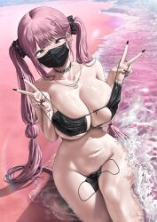 1girl absurdres bare_shoulders beach bikini black_bikini black_choker black_nails blue_eyes breasts choker cleavage collarbone covered_mouth double_v ear_piercing fingernails fuyuyama_umeko_(kuse_(0201)) highres huge_breasts jewelry kuse_(0201) long_fingernails long_hair looking_at_viewer mask mouth_mask navel necklace original piercing pink_hair sitting solo stomach swimsuit thighs twintails v water wet
