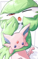 1girl :o artist_name blush bob_cut border button_eyes buttons character_doll colored_skin drooling espeon female_focus flat_chest gardevoir gen_2_pokemon gen_3_pokemon green_hair green_skin half-closed_eye hand_to_own_mouth hand_up holding holding_stuffed_toy light_blush looking_at_viewer medium_hair mouth_drool multicolored_skin my_(my_6633) nintendo one_eye_closed open_mouth outside_border pokemon pokemon_(creature) purple_border red_eyes simple_background solo standing stuffed_animal stuffed_toy tears twitter_username two-tone_skin watermark white_background white_skin yawning