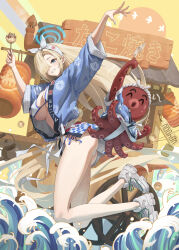 1girl absurdres alternate_costume arms_up ass asuna_(blue_archive) bare_legs bikini bikini_under_clothes blonde_hair blue_archive blue_eyes blush breasts food food_stand full_body hairband highres holding holding_food large_breasts looking_at_viewer octopus smile string_bikini swimsuit takoyaki waves woottak09