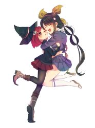 Rule 34 | 2girls, :d, absurdres, black hair, black hat, black jacket, black pantyhose, blue shirt, blue skirt, blush, bow, brown eyes, brown footwear, chabashira tenko, closed eyes, commentary request, danganronpa (series), danganronpa v3: killing harmony, eyelashes, full body, green bow, hair bow, hair ornament, hair ribbon, hairband, hat, highres, hug, jacket, kneehighs, long hair, long sleeves, mole, mole under mouth, multiple girls, one eye closed, open mouth, pantyhose, pointy footwear, purple hairband, red hair, red skirt, ribbon, sabata saba, sailor collar, shirt, short hair, simple background, skirt, smile, socks, standing, standing on one leg, sweatdrop, teeth, twintails, upper teeth only, very long hair, white background, white ribbon, white sailor collar, white socks, witch hat, yumeno himiko, yuri