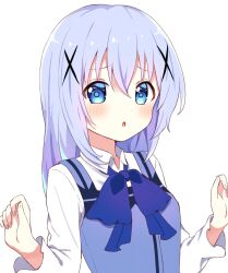 1girl :o blue_bow blue_bowtie blue_eyes blue_hair blue_pupils blue_vest blush bow bowtie collared_shirt commentary_request frown furrowed_brow gochuumon_wa_usagi_desu_ka? hair_between_eyes hair_ornament hands_up highres huge_bow kafuu_chino long_hair long_sleeves looking_at_viewer open_mouth poteto_furai shirt simple_background solo upper_body vest w_arms white_background white_shirt x_hair_ornament