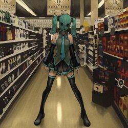 1girl balaclava boby_oreon commentary detached_sleeves film_grain full_body hatsune_miku highres indoors necktie pleated_skirt shirt shop skirt sleeveless sleeveless_shirt solo standing thighhighs vocaloid
