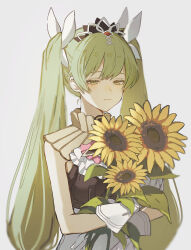 1girl ascot bare_shoulders bouquet closed_mouth commentary_request flower frey_(rune_factory) gloves green_eyes green_hair hair_ribbon half-closed_eyes highres holding holding_bouquet long_hair ribbon rune_factory rune_factory_4 rurui_(jac7860) solo sunflower tiara twintails upper_body white_ascot white_gloves yellow_flower