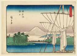 19th_century 3others ando_hiroshige blue_sky boat cloud fine_art_parody gradient_sky grass highres hill japan japanese_text landscape mount_fuji mountain multiple_others nihonga oar ocean original outdoors parody rowing sail scenery sky thirty-six_views_of_mount_fuji_(hiroshige) traditional_media translation_request tree ukiyo-e volcano water watercraft