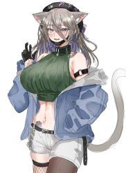 1girl absurdres animal_ear_fluff animal_ears asymmetrical_legwear bare_shoulders belt black_gloves black_hat black_mask blue_jacket blush breasts cat_ears cat_girl cat_tail crop_top ear_piercing extra_ears fishnet_thighhighs fishnets gloves green_shirt grey_hair hair_between_eyes hand_in_pocket hat highres huge_breasts jacket long_hair long_sleeves looking_at_viewer mask mask_pull midriff mismatched_legwear multicolored_hair navel nompang off_shoulder open_clothes open_jacket open_mouth original paw_print piercing purple_eyes purple_hair ribbed_shirt shirt short_shorts shorts simple_background single_leg_pantyhose solo tail thighhighs white_background white_shorts