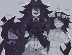 3girls ahoge alphabet arms_behind_back artist_name black_eyes black_hair black_horns black_shirt blunt_bangs bow breasts buttons choppy_bangs claws collared_shirt dress fangs feathers fundamental_paper_education highres horns knife large_breasts long_hair long_sleeves looking_at_viewer messy_hair miss_bloomie_(fundamental_paper_education) miss_circle_(fundamental_paper_education) miss_thavel_(fundamental_paper_education) multiple_girls no_nose open_mouth pants shaded_face shirt short_hair simple_background spiked_hair tagme teeth twitter_username very_long_hair weapon white_background white_bow white_dress white_pants