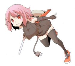1girl artist_name black_thighhighs blush brown_dress detached_sleeves dress female_focus looking_at_viewer original pink_hair red_eyes rocket running shoes short_hair sleeveless smile solo striped sweater sweater_dress tattoo thighhighs turtleneck uni_mate vertical_stripes white_background