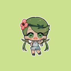 1girl :d blush chibi dark-skinned_female dark_skin flower full_body green_background green_eyes green_hair green_shoes grey_overalls hair_flower hair_ornament highres holding holding_ladle jatarism07 ladle long_hair mallow_(pokemon) nintendo open_mouth outline overalls pink_flower pokemon pokemon_sm shoes simple_background smile solo twintails white_outline
