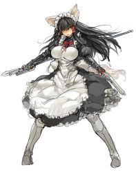 Rule 34 | 1girl, animal ears, apron, armor, armored boots, black dress, black gloves, boots, borrowed character, bow, breasts, cat ears, character request, dress, dual wielding, eyebrows, eyes visible through hair, female focus, fingerless gloves, frilled apron, frilled dress, frills, full body, gloves, gun, handgun, highres, holding, holding gun, holding weapon, large breasts, long hair, long sleeves, maid, maid apron, maid headdress, original, pantyhose, pink eyes, pistol, puffy long sleeves, puffy sleeves, red bow, sachito, silver boots, silver legwear, simple background, solo, standing, very long hair, weapon, white apron, white background