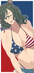 Rule 34 | 1girl, ;d, american flag, american flag bikini, american flag print, animal ears, bikini, blue background, blue hair, braid, breasts, brown hair, cloud, commentary request, cowboy shot, dutch angle, flag print, flag print bikini, grin, hair between eyes, highres, horse ears, horse girl, horse tail, kumabachi315, large breasts, looking at viewer, multicolored hair, navel, o-ring, o-ring bikini, one eye closed, open mouth, print bikini, purple eyes, red background, red hair, short hair, simple background, smile, solo, streaked hair, swimsuit, tail, tap dance city (umamusume), teeth, two-tone background, umamusume