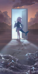 1girl absurdres barefoot blue_hair blue_hoodie blunt_bangs commentary door english_commentary facing_viewer fins fish_tail footprints full_body gawr_gura gawr_gura_(1st_costume) grey_hair grin hand_up highres hirotaka0125 hololive hololive_english hood hoodie long_hair long_sleeves multicolored_hair no_pants outdoors shark_girl shark_tail smile solo streaked_hair tail two_side_up virtual_youtuber waving wide_sleeves